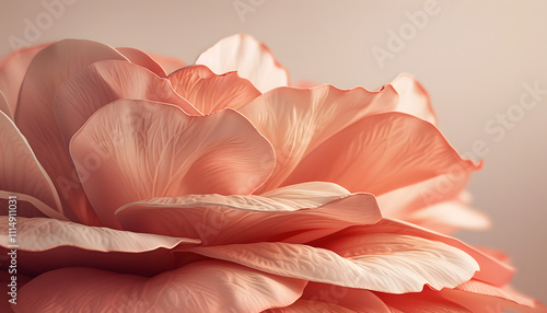 Close-up of a delicate peach-colored rose, showcasing intricate petal details and a soft, dreamy background. photo