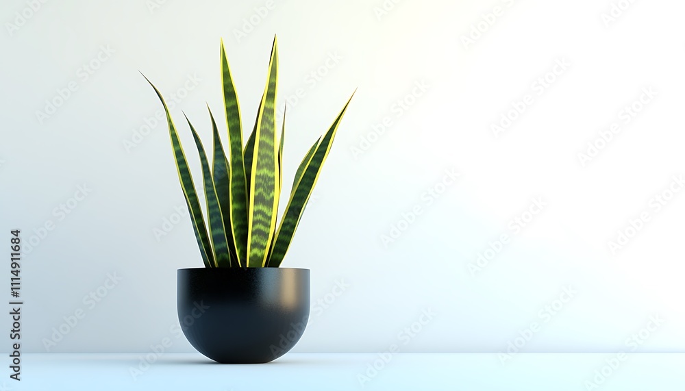 A potted snake plant in a sleek black pot against a minimalistic background. A potted snake plant in a sleek black pot against a minimalistic background.