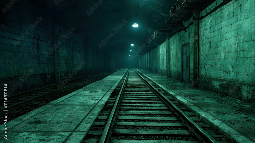 Fototapeta premium Decrepit Empty Train Station at Night with Dim Lighting and Abandoned Platform