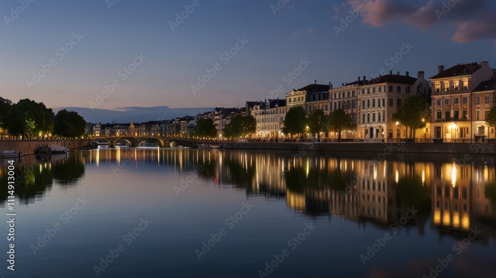 Calm river reflecting illuminated buildings at twilight. Calm river reflecting illuminated buildings at twilight.