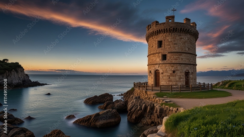 Coastal stone tower at sunset, scenic ocean view. Coastal stone tower at sunset, scenic ocean view.