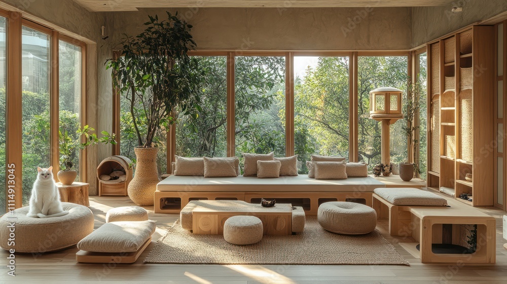 Fototapeta premium Cozy Cat Playground Interior Design with Minimalist Furniture and Natural Wood Elements in a Serene Atmosphere