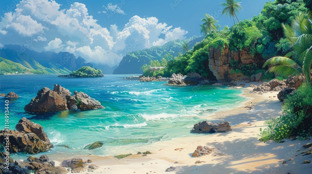 Tranquil tropical beach scene with turquoise water, palm trees, and rocky shoreline. Tranquil tropical beach scene with turquoise water, palm trees, and rocky shoreline.