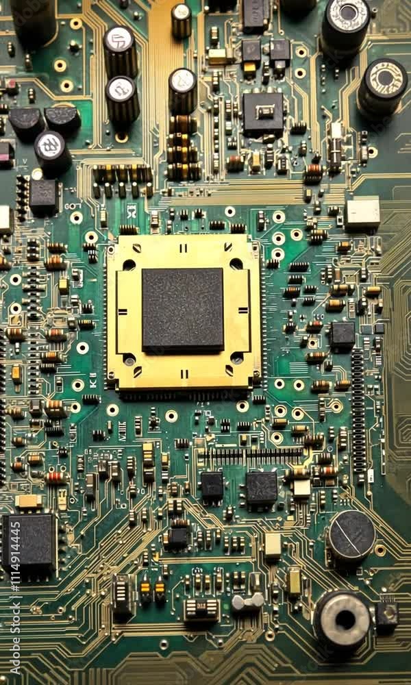 Intricate Circuit Board Layout with Microprocessor and Electronic Components Intricate Circuit Board Layout with Microprocessor and Electronic Components