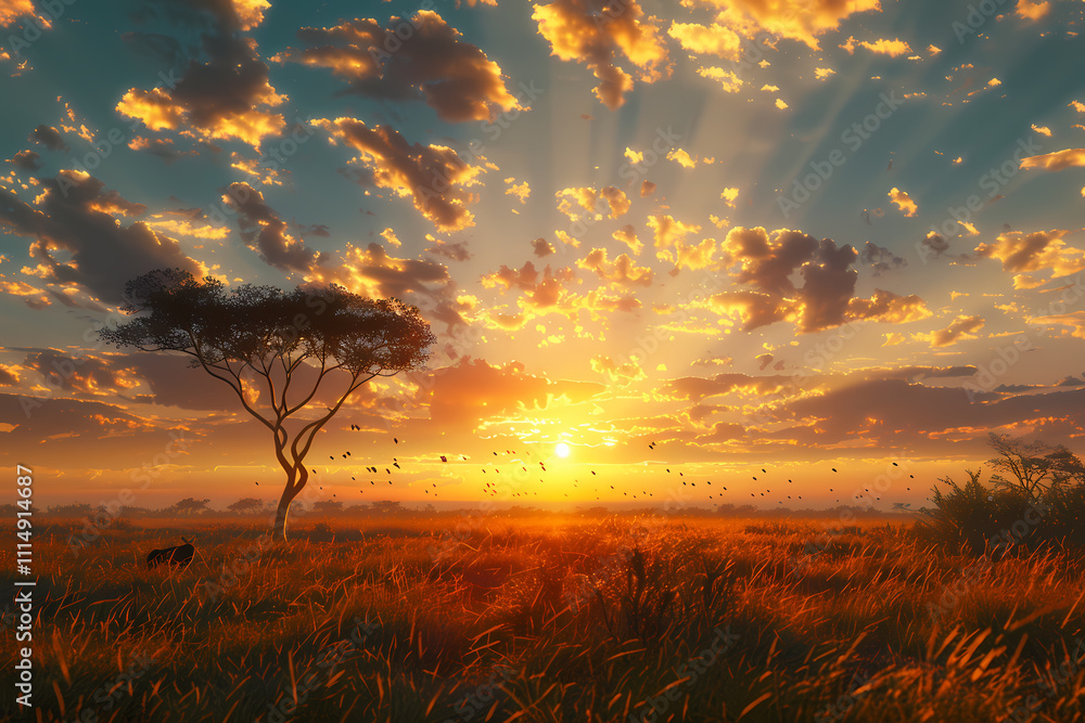 Fototapeta premium A serene sunset over a golden savannah, with birds silhouetted against the vibrant sky and a lone tree standing tall.
