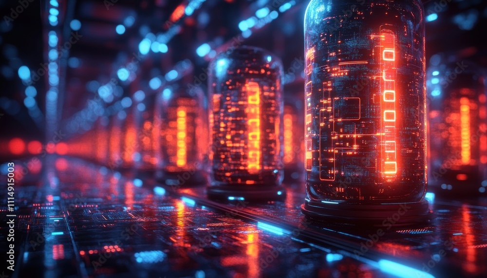 Obraz premium Digital Data Storage Cyberpunk Scene with SQL Database Query Visualization and Neon Lights