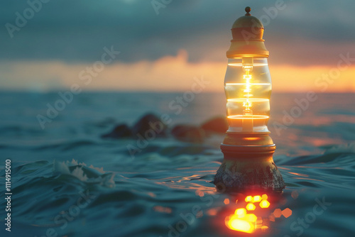 A glowing lantern stands atop a rocky surface in a serene ocean setting, casting a warm light against the cool twilight sky.