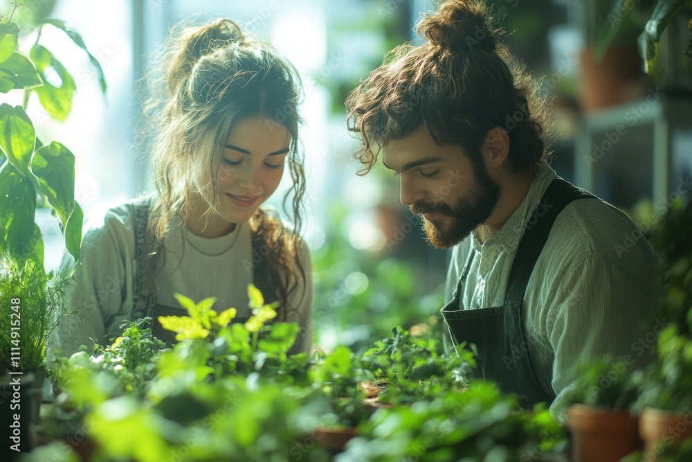 Obraz premium Indoor Gardening Workshop with Entrepreneurs Creating Floral Arrangements and Terrariums