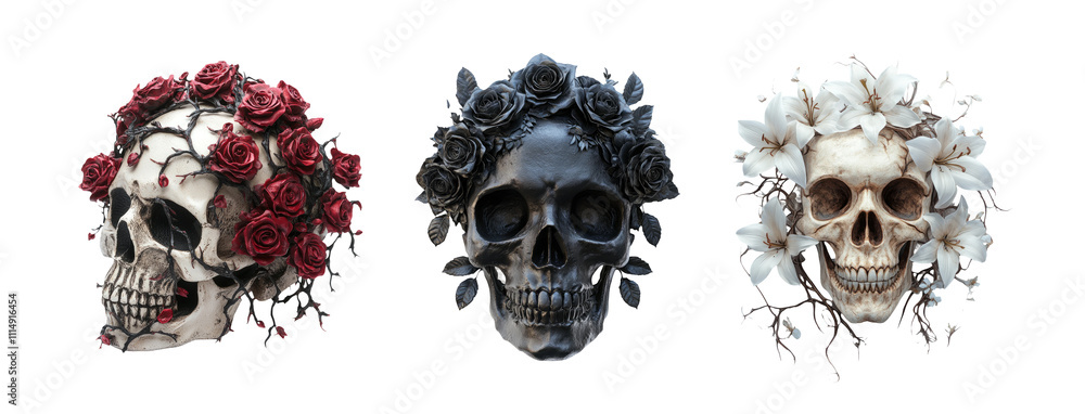 Naklejka premium Artistic Skull with Floral Decoration on Transparent Background