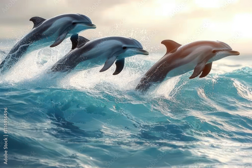 Naklejka premium Dolphins Leaping Through Turquoise Waves Beautiful Aquatic Art Bottlenose Mammal Underwater Action Graceful Swim Dynamic Nature