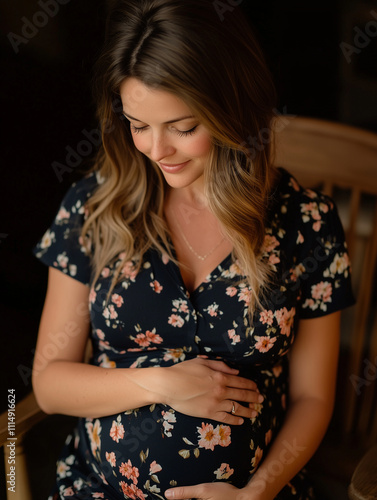 Expectant mother in a floral dress embracing her pregnancy