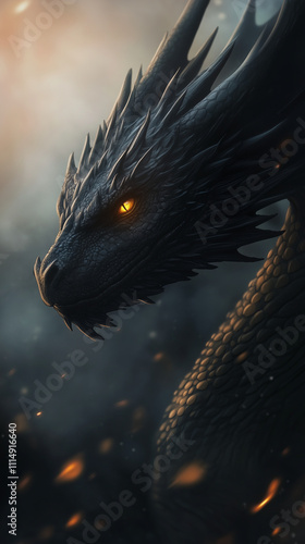 Fierce dragon with glowing eyes emerging from the fog