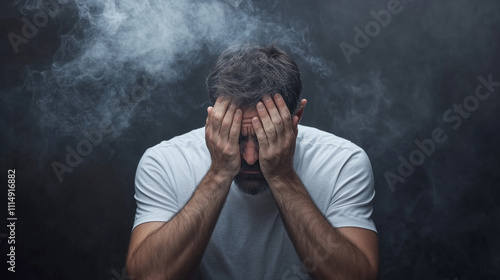 Man in distress with hands on face and smoke background
