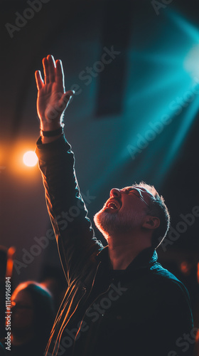 Man reaching out in spiritual worship under stage lights