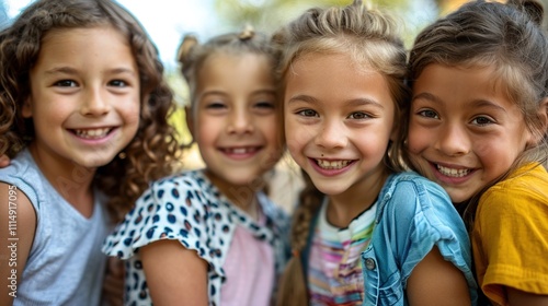 A joyful group of four girls smiling together outdoors, showcasing friendship and happiness.