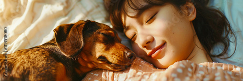 Image of a woman and her dog napping in a warm house.