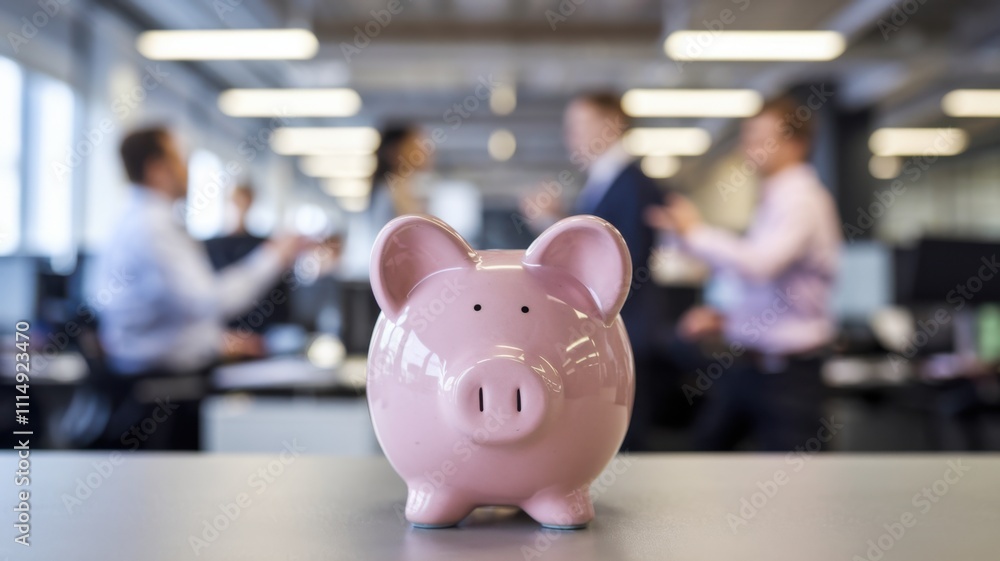A pink piggy bank in focus with blurred businesspeople discussing in the background.