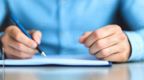 Man diligently writes in a notebook with a blue pen at a table, concentrating on his notes in a peaceful afternoon setting