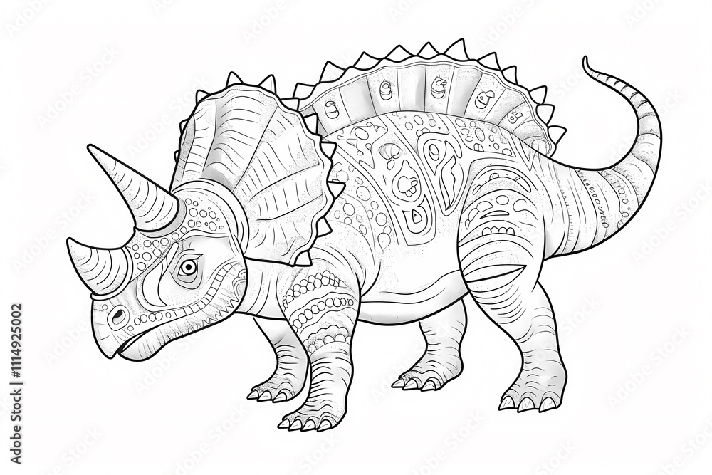 Naklejka premium A beautifully detailed line drawing of a Triceratops, showcasing intricate patterns on its body and a majestic horned head.