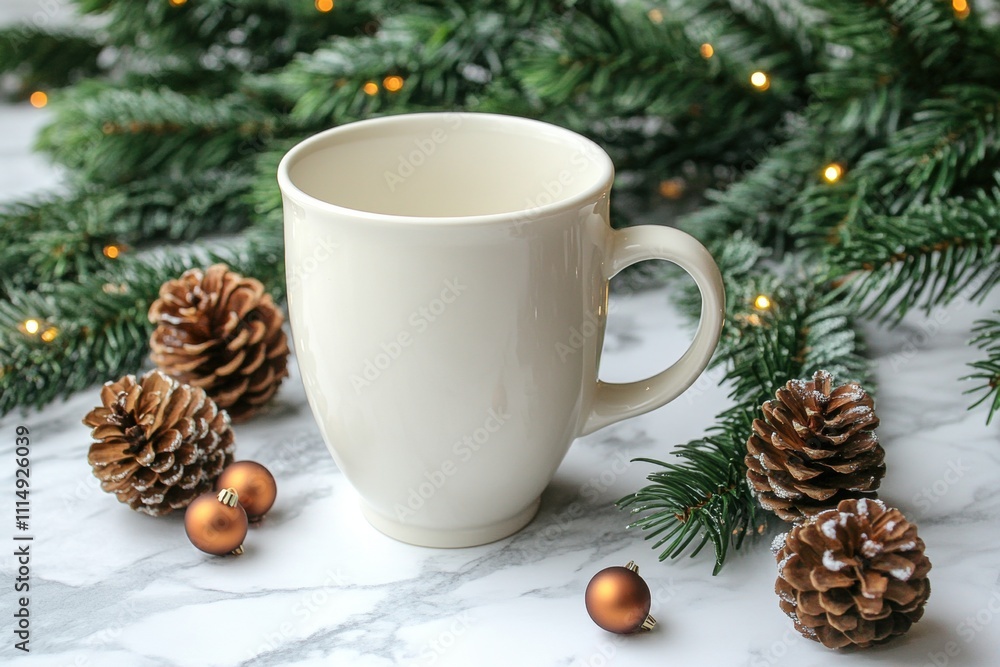 Cozy holiday coffee mug surrounded by pine cones and greenery winter setting decorative scene for festive ambiance Cozy holiday coffee mug surrounded by pine cones and greenery winter setting decorative scene for festive ambiance