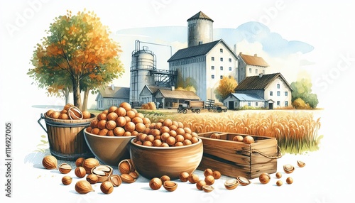 Breadnut Farm in watercolor illustration with loose and fluid forms, photo