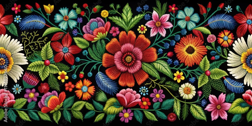 Fototapeta premium A beautiful seamless embroidery floral pattern with intricate details and vibrant colors, embroidery, seamless, pattern