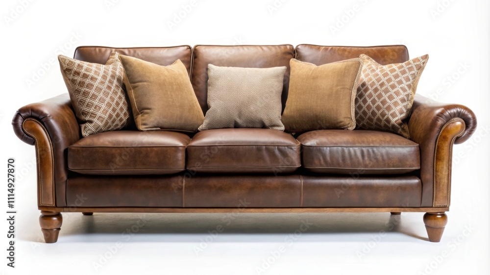 Fototapeta premium Elegant brown sofa with plush cushions and wooden legs , elegant, brown, fabric, sofa, plush, cushions, wooden