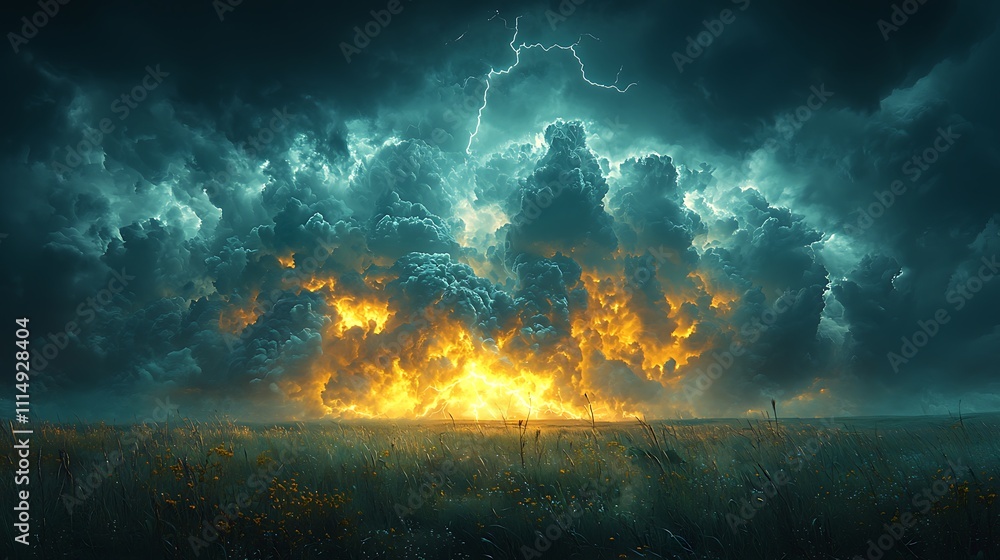 A dramatic storm rolling over a vast plain, with dark clouds swirling above, lightning illuminating the horizon, and tall grass swaying in the wind A dramatic storm rolling over a vast plain, with dark clouds swirling above, lightning illuminating the horizon, and tall grass swaying in the wind