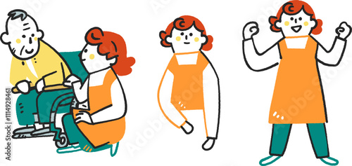介護職で張りきって働く女性　セットのストックイラスト素材
