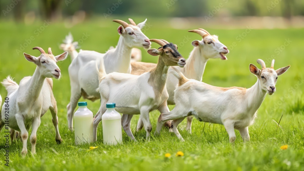 Obraz premium White Goats and Milk Bottles in a Lush Green Field