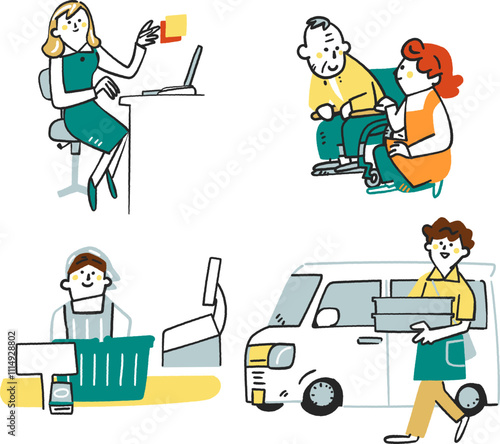 非正規雇用で働き社会を下支えしている人々　セットのストックイラスト素材	
