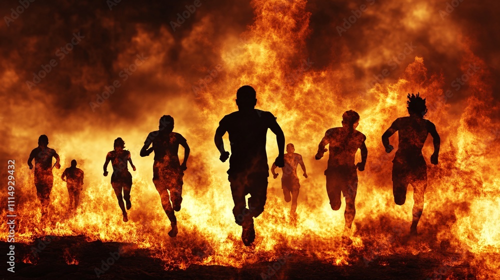 Fototapeta premium apocalyptic scene with people figures running through fiery chaos. The dark, ominous sky and central figure with a downward arrow create a sense of impending doom and judgment.