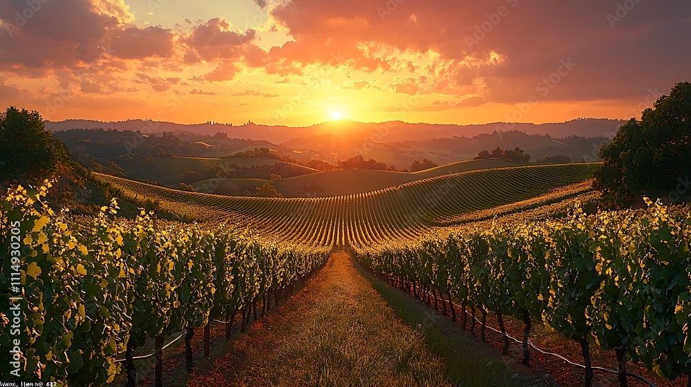 A peaceful vineyard with rows of grapevines stretching into the distance, rolling hills, and a warm golden sunset casting long shadows A peaceful vineyard with rows of grapevines stretching into the distance, rolling hills, and a warm golden sunset casting long shadows