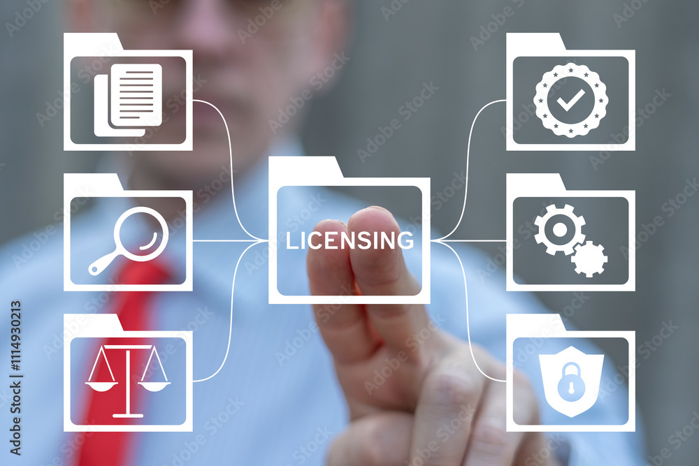 Jurist working on virtual touch screen presses word: LICENSING. License agreement. Law concept: licensing.
