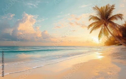 Tropical Beach Sunrise with Golden Waves and Palm Tree in Serene Paradise