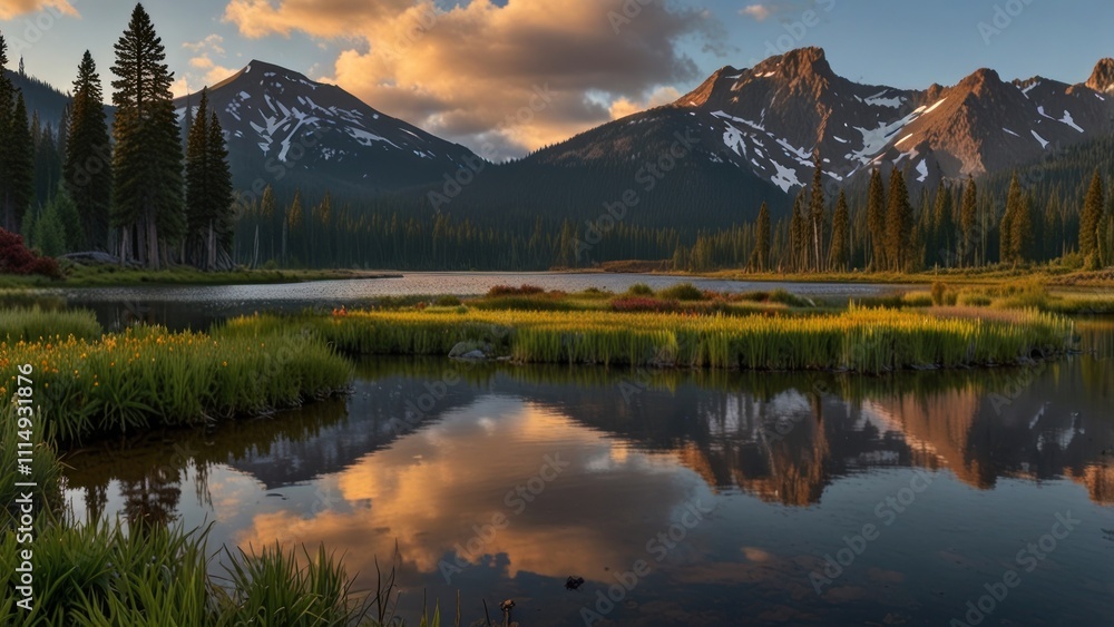 Fototapeta premium Sunset reflecting on serene mountain lake.