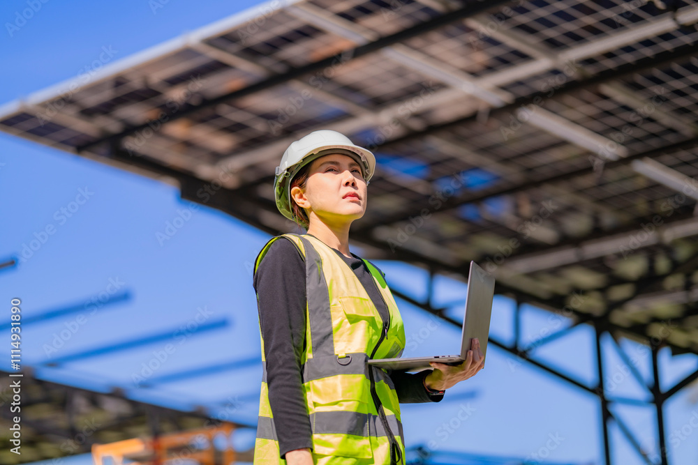 Fototapeta premium Engineer in safety vest and helmet pointing towards a solar powered carport, illustrating eco-friendly innovation in parking infrastructure. Solar panels provide shade and sustainable energy.