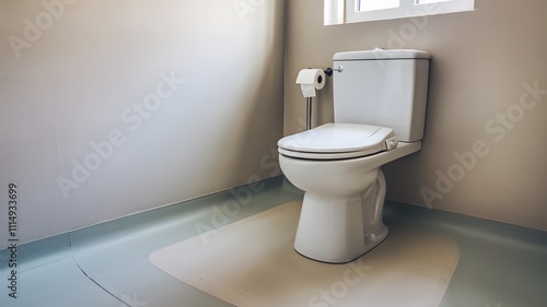 There is a toilet located in a bathroom that is situated right next to a window