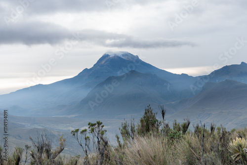 View of a snow-capped mountain in Colombia called Nevado del Tolima with a variety of plants and mist. Green nature and magical place to visit and travel.
