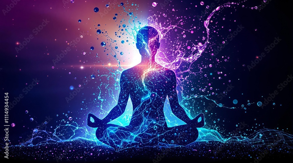 Dynamic energy: digital art of a meditating silhouette amidst colorful vibrant particles Dynamic energy: digital art of a meditating silhouette amidst colorful vibrant particles