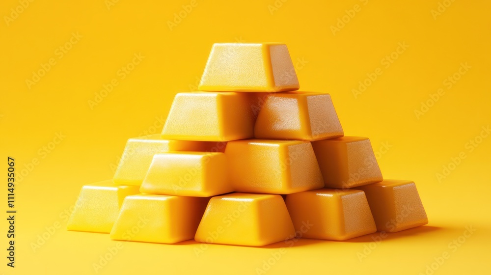 A pyramid of shiny yellow square blocks stacked on a yellow background.