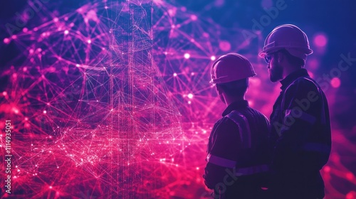 Wallpaper Mural Two construction workers stand silhouetted against a background of glowing network lines. Torontodigital.ca
