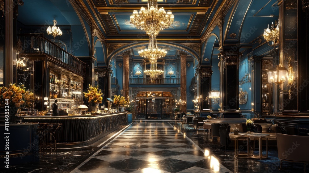 Fototapeta premium A grand, luxurious bar with a checkered floor, gold accents, and chandeliers.