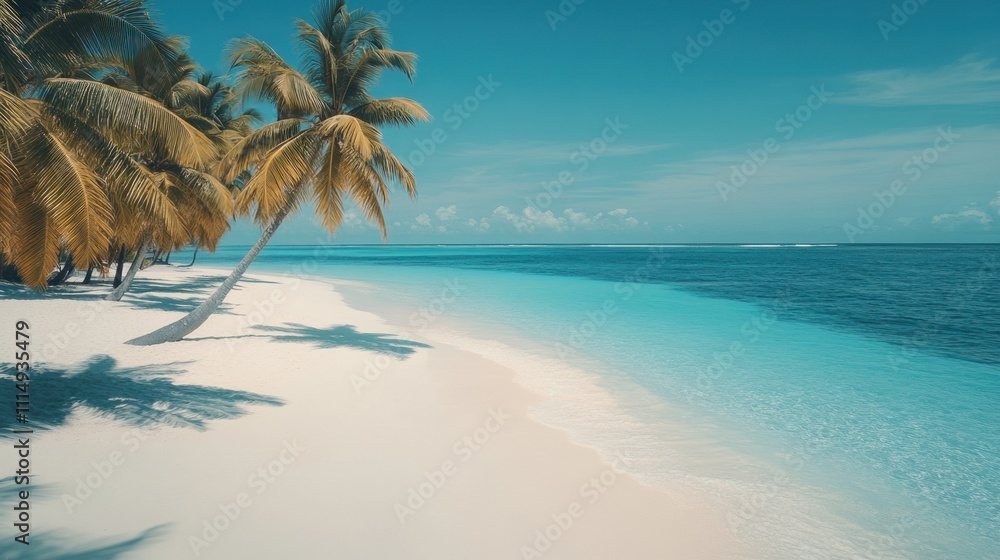 Fototapeta premium A pristine white sand beach with turquoise water and palm trees, a perfect tropical paradise.