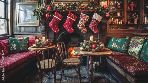 Cozy holiday themed decor featuring plush cushions hanging a festive tabletop centerpiece with candles and ornaments creates a warm inviting ambiance in this charming cafe corner with a fireplace photo