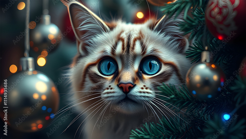 Blue eyed adorable kittens stare wonder struck at the Christmas ornaments on the tree. Blue eyed adorable kittens stare wonder struck at the Christmas ornaments on the tree.