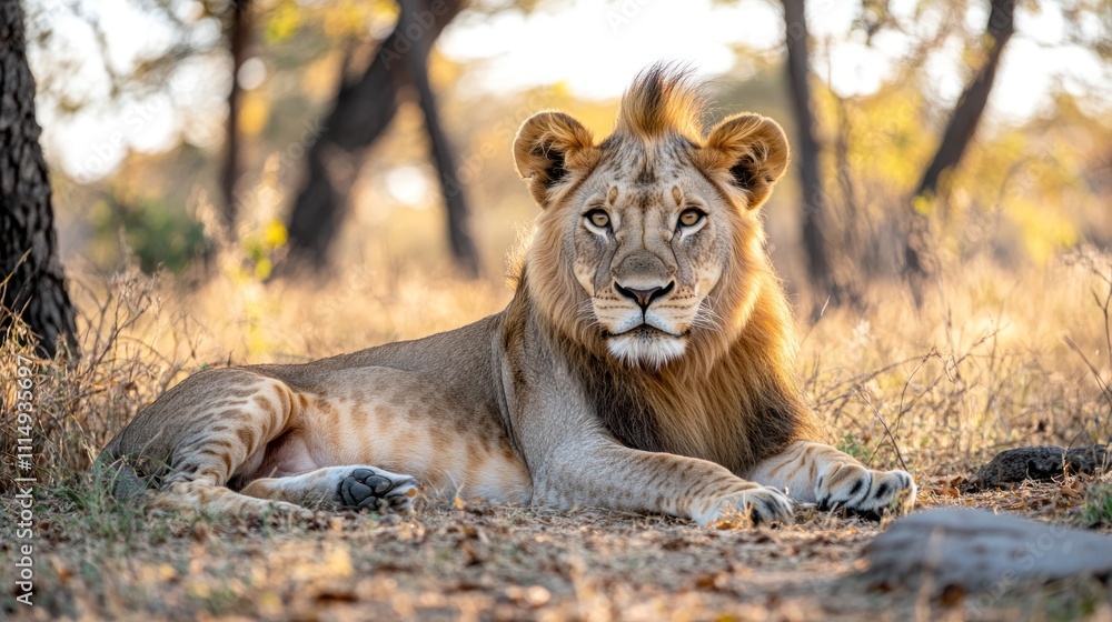 Naklejka premium A majestic lion with a thick mane lies in a grassy clearing, looking directly at the camera.