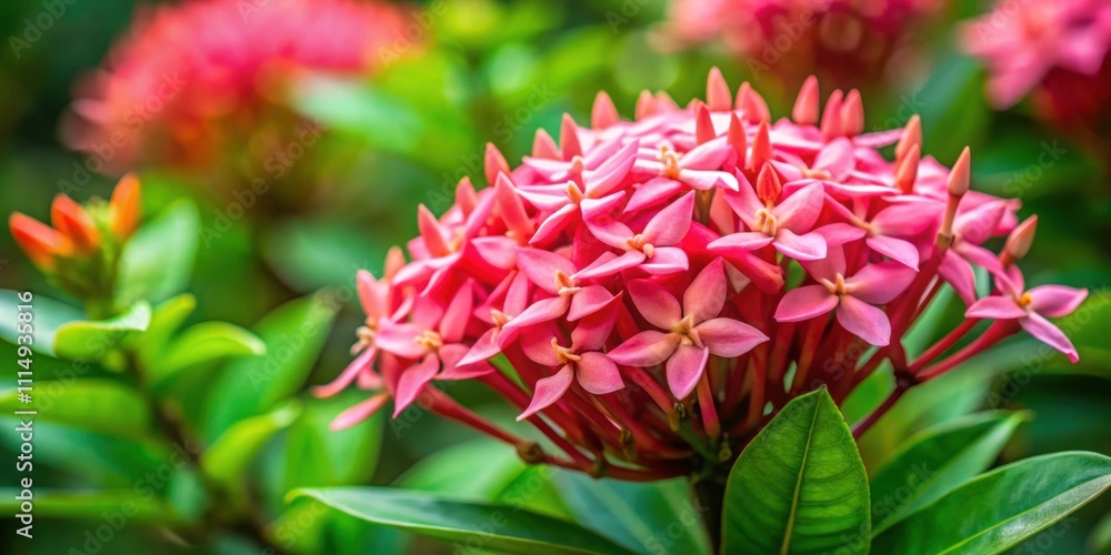 Fototapeta premium Closeup of a pink ixora flower with selective focus, pink, ixora, flower, closeup, selective focus, garden, tropical, vibrant