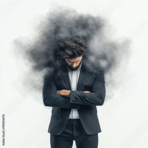 A man in a black suit stands with his arms crossed, head bowed, surrounded by swirling smoke, This image can represent themes of stress, introspection, or emotional turmoil photo