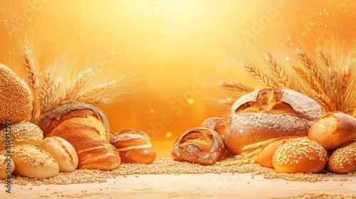 A poster background for advertising bread, featuring warm colors and breads of various shapes in the foreground.